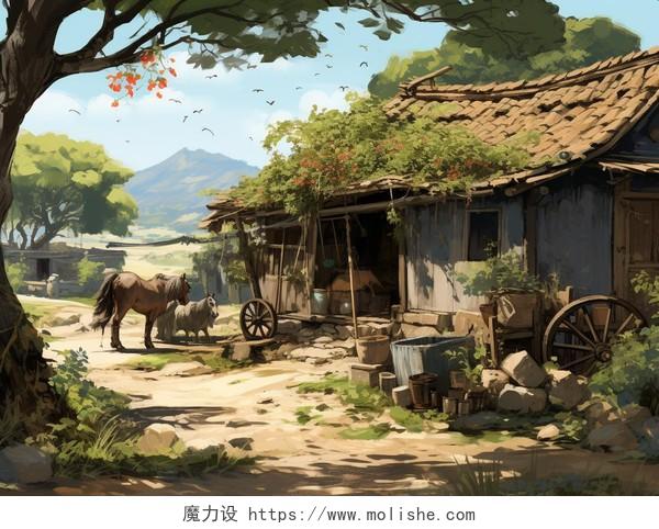 农村场景水彩AI插画乡村风景生态